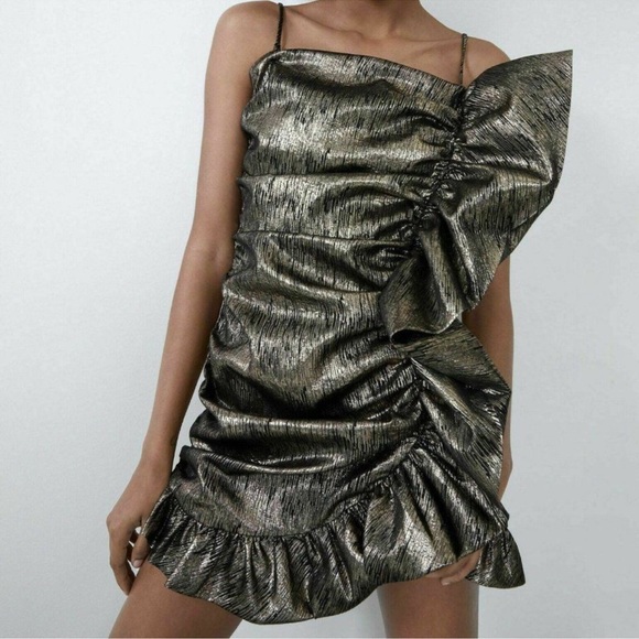 Zara Dresses & Skirts - Zara Womens Mini Metallic Black and Gold Dress Gold Party